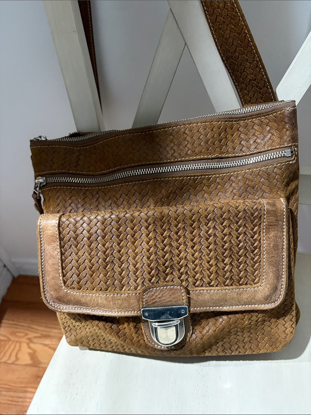 Roots Woven Leather Crossbody Bag in Brown